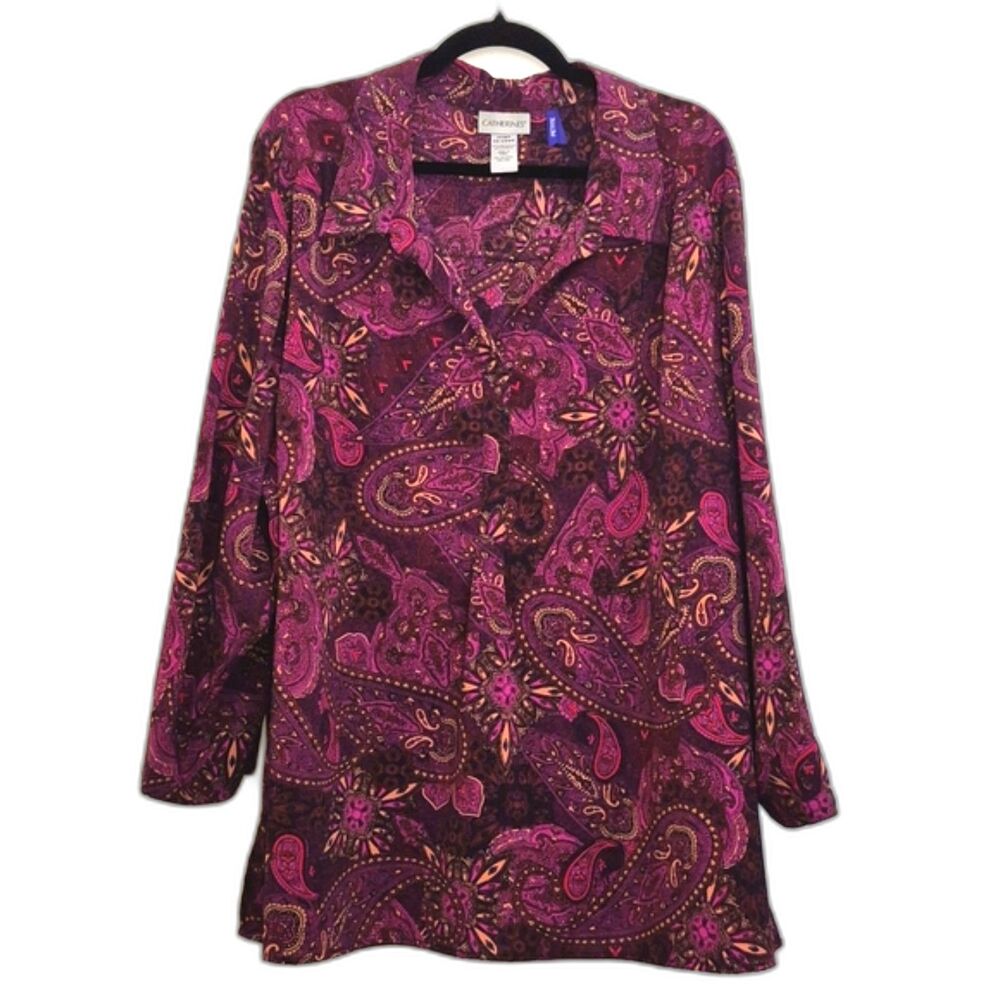 Catherines Blouse Top 3X Petite Popover Purple Paisley Print Collared Pleated